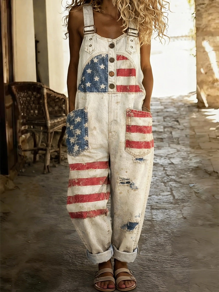 Women's Floral Art Print Washed Cotton Denim Patchwork Jumpsuit